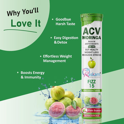 ACV Moringa supplement tube with fruits on a green background