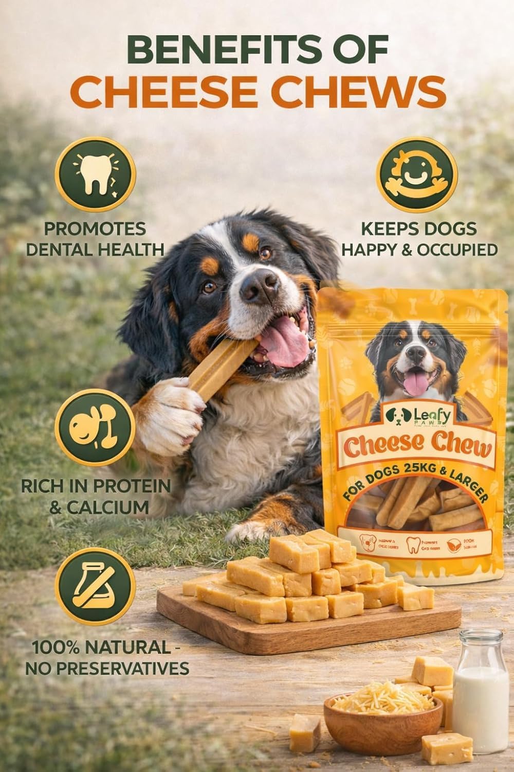 LeafyPaws Himalayan Cheese Chew Dog Treats (95g) | 100% Natural Long Lasting Yak Milk Chews for Medium & Large Dogs (25kg+) | Lactose Free, Grain Free, No Preservatives, Dental Support (Orginal)