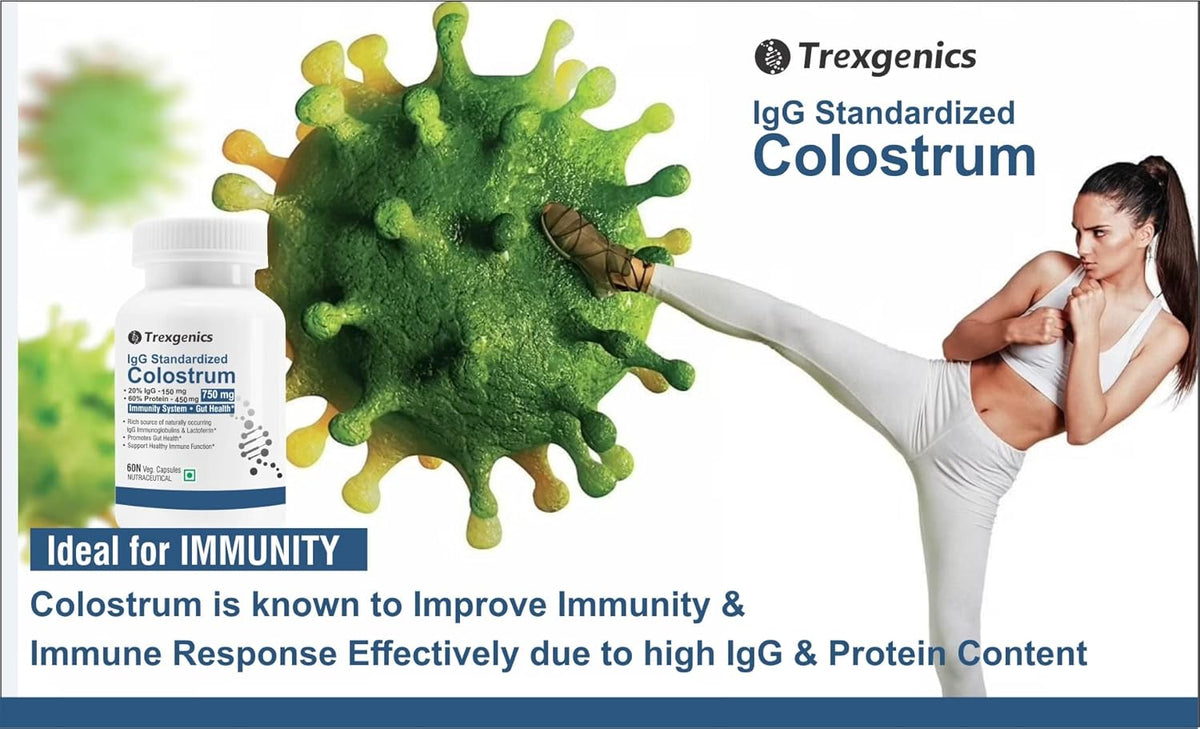 Advertisement for Trexgenics IgG Standardized Colostrum with a woman kicking a virus, emphasizing immunity improvement.
