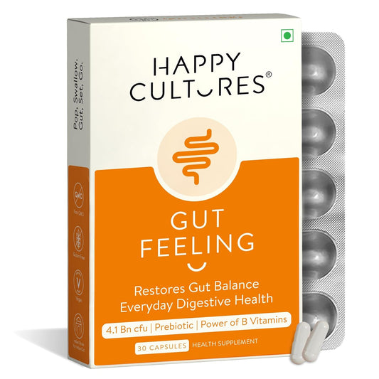 VELBIOM Happy Cultures Gut Feeling Digestion Supplement| Unique Blend Of Probiotics For Daily Digestive Health| B-Vitamins Gut Digestion |Clinically Tested For Men and Women - 30 Veg Capsules