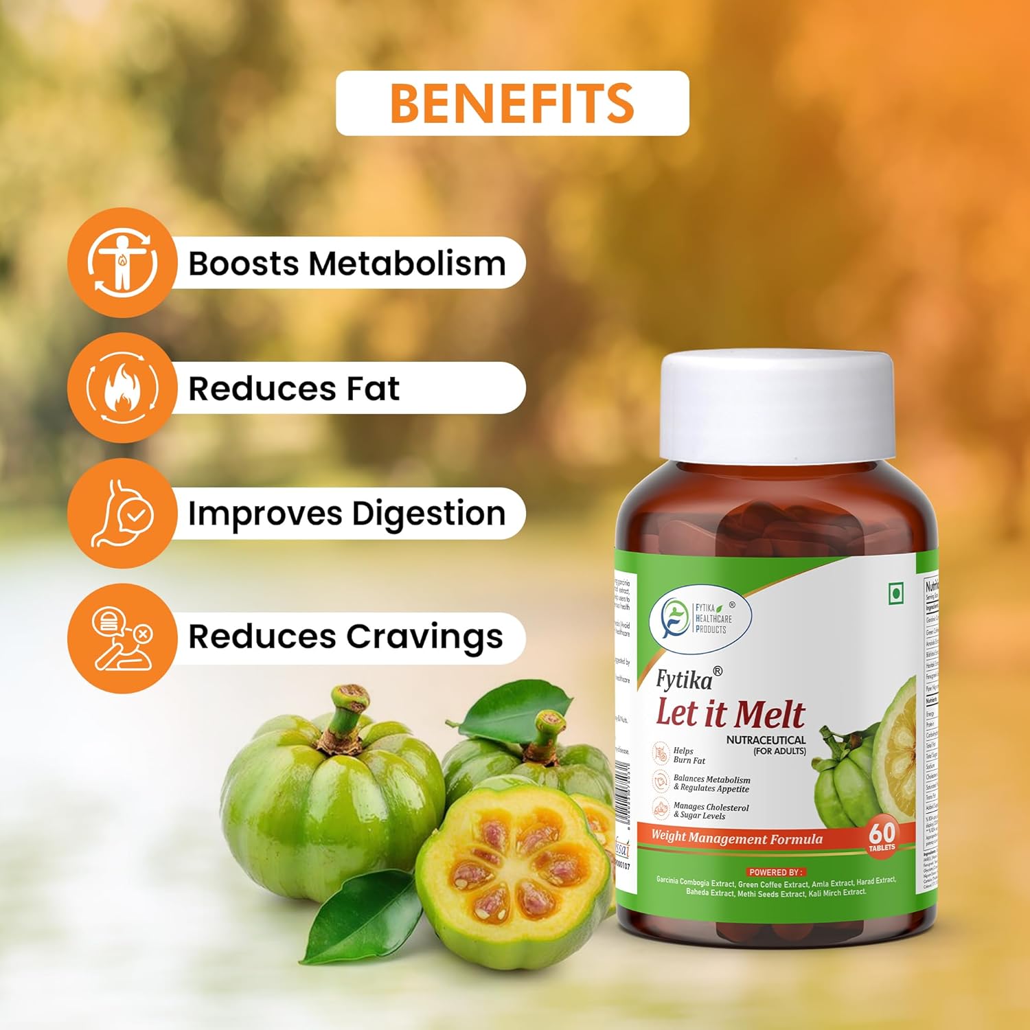 Bottle of 'Let it Melt' supplement with green fruits and benefits listed on a blurred natural background
