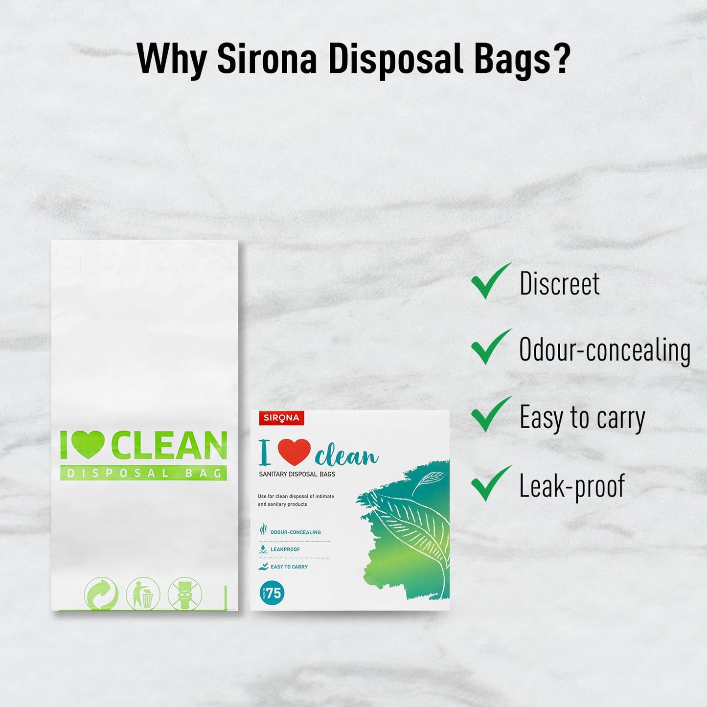 Sirona disposal bags packaging with features listed on a white background