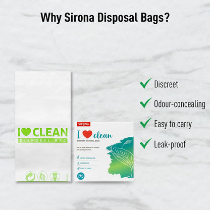 Sirona disposal bags packaging with features listed on a white background