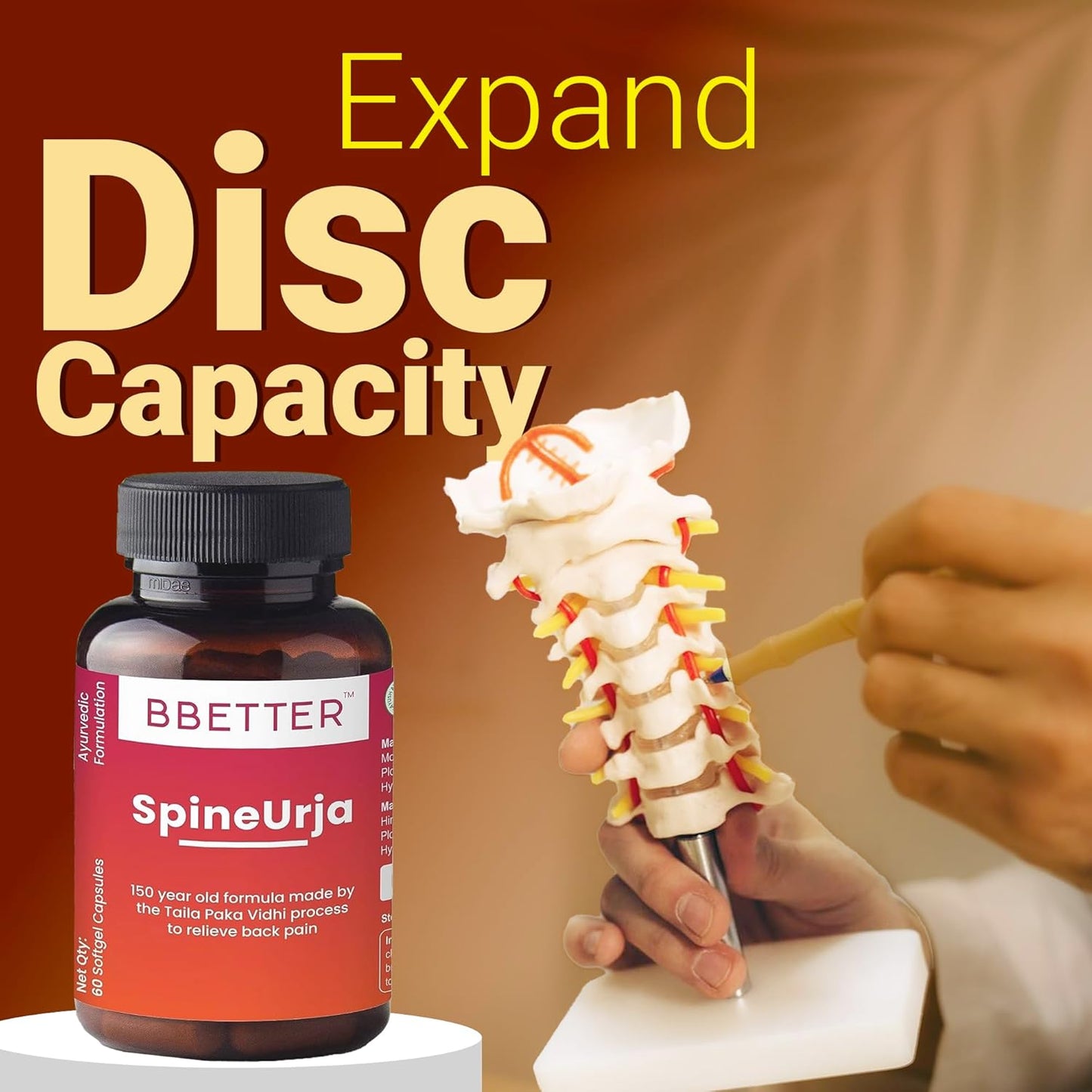 BBETTER SpineUrja -Lab Tested Ayurvedic Medicine for Lower Back Pain Relief & Sciatica Relief | Made by Taila Paka Vidhi Method | 60 Softgels