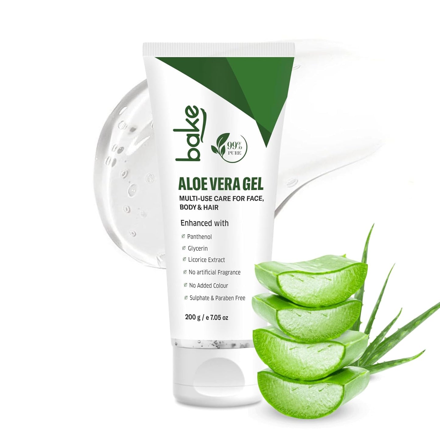 BAKE 99% Pure Aloe Vera Gel (200g) For Face, Body & Hair With Panthenol & Glycerin | Hydrates Skin, Reduces Dryness & Non Sticky | Enriched Proven Actives | For Men & Women - 200g