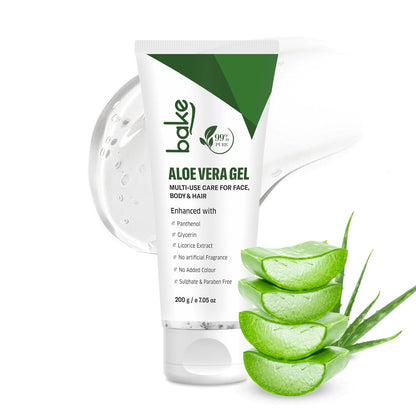BAKE 99% Pure Aloe Vera Gel (200g) For Face, Body & Hair With Panthenol & Glycerin | Hydrates Skin, Reduces Dryness & Non Sticky | Enriched Proven Actives | For Men & Women - 200g