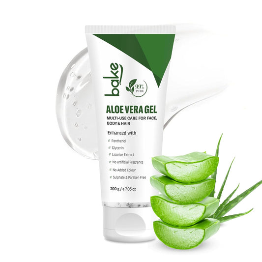 BAKE 99% Pure Aloe Vera Gel (200g) For Face, Body & Hair With Panthenol & Glycerin | Hydrates Skin, Reduces Dryness & Non Sticky | Enriched Proven Actives | For Men & Women - 200g