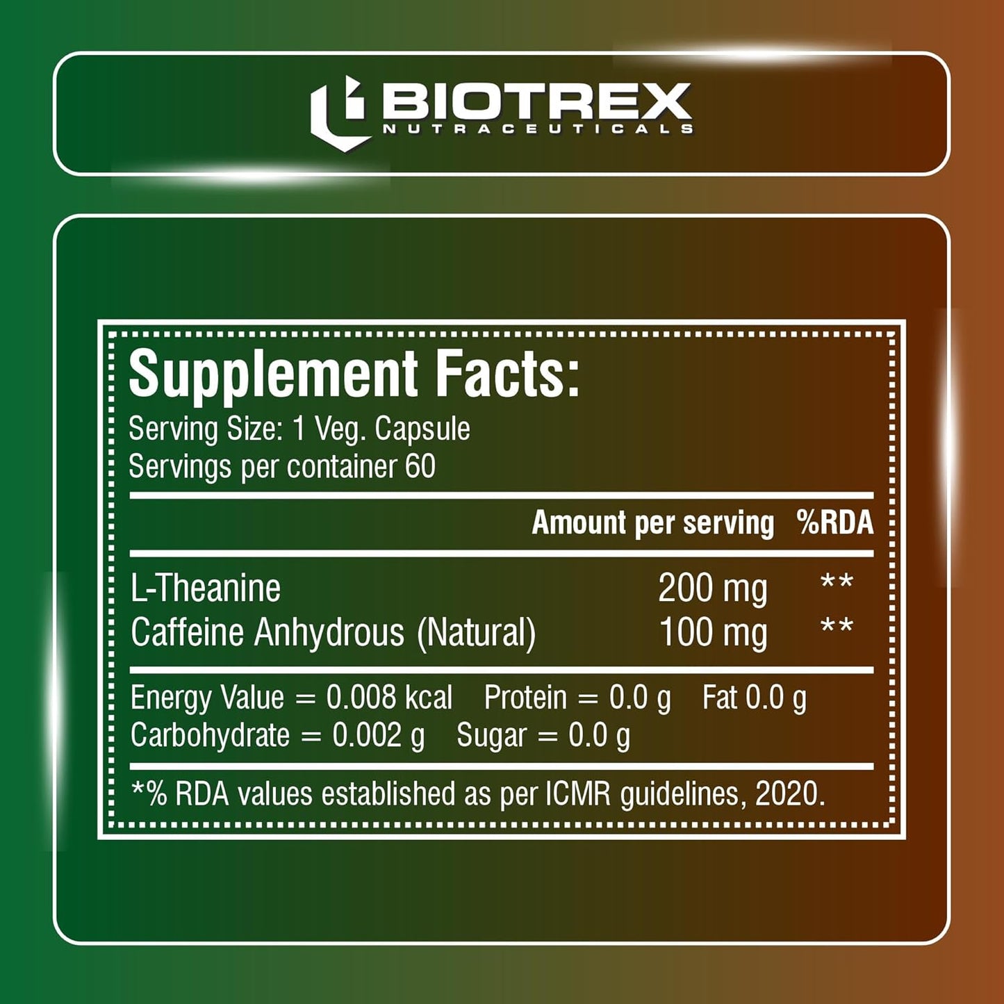 Biotrex Nutraceuticals L-Theanine 200mg Caffeine 100mg Supplement helps to improve Excercise Performance & supports Energy Management - 60 Veg Capsules