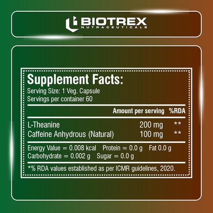 Biotrex Nutraceuticals L-Theanine 200mg Caffeine 100mg Supplement helps to improve Excercise Performance & supports Energy Management - 60 Veg Capsules