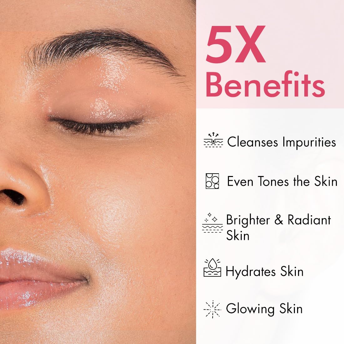 Close-up of a person's eye with skincare product application, showing 5x benefits on the right.