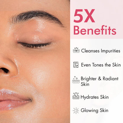 Close-up of a person's eye with skincare product application, showing 5x benefits on the right.
