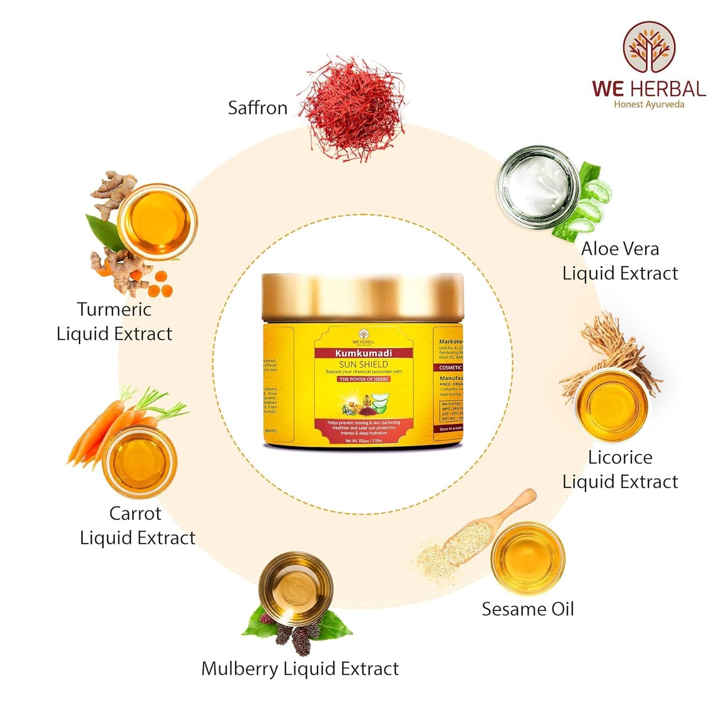 Kumkumadi Sunscreen 50gm, Ayurvedic Sun Shield with Saffron, Aloe Vera & Licorice, Sun Protection Without White Cast, Non Greasy, No Chemicals or Fragrance