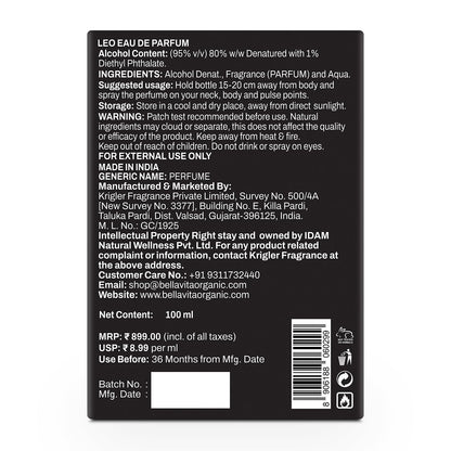 Back label of a Leo Eau de Parfum bottle with text and product details.