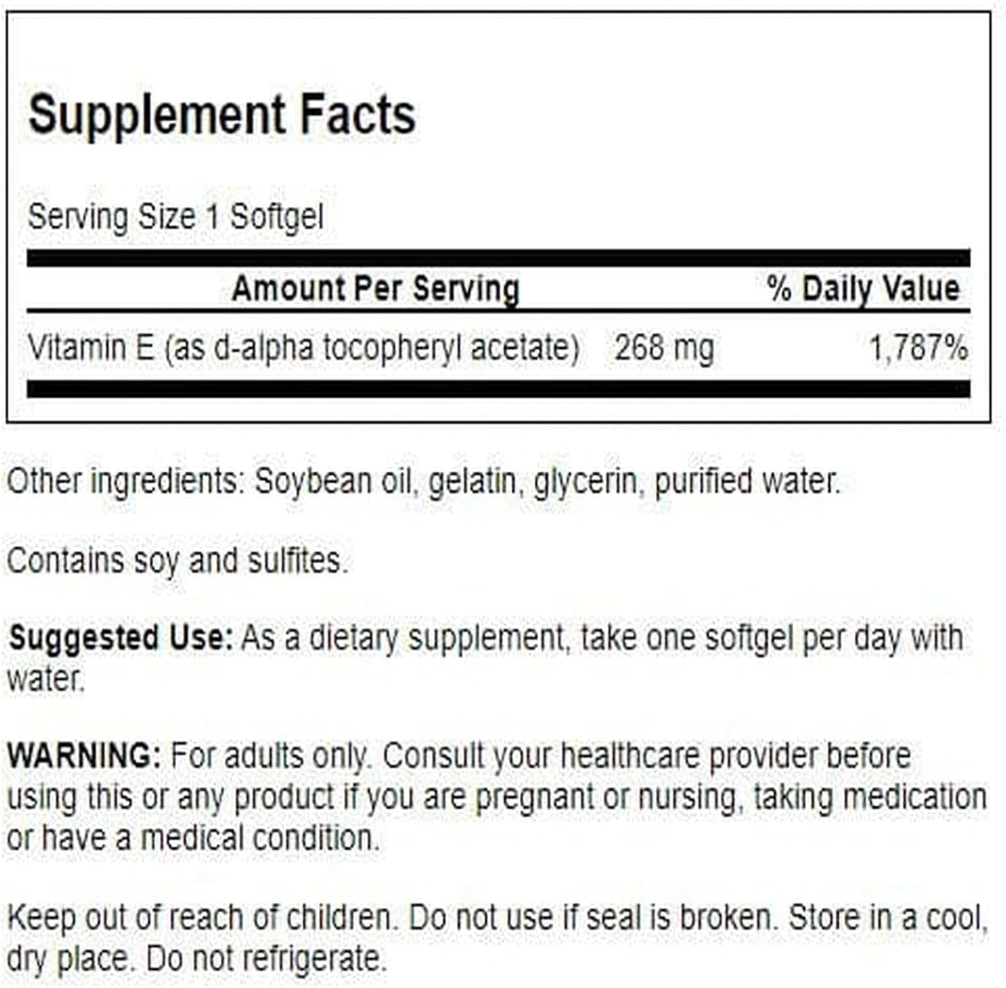Supplement facts label for a vitamin E supplement with serving size, amount per serving, and other details.