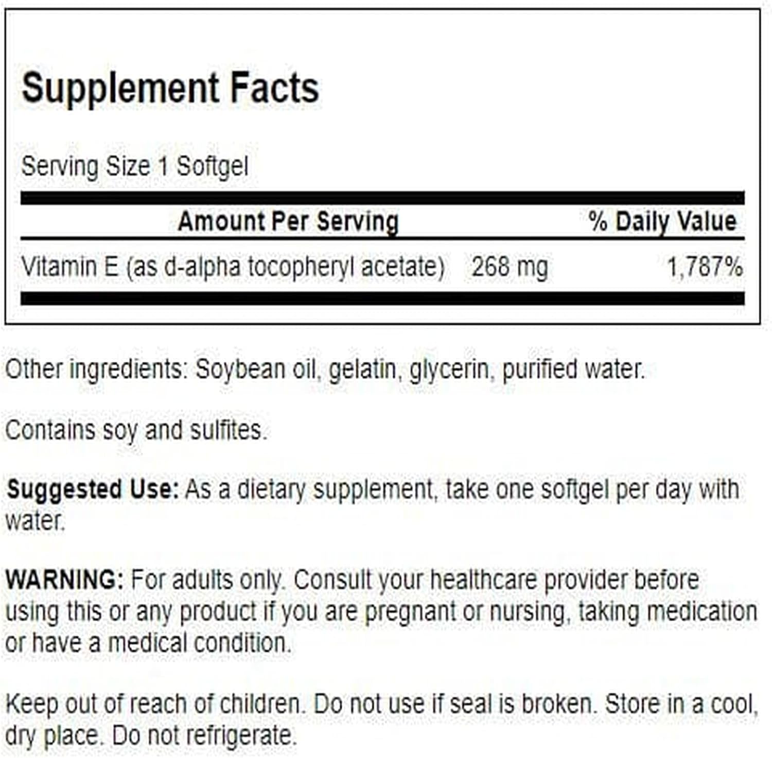 Supplement facts label for a vitamin E supplement with serving size, amount per serving, and other details.