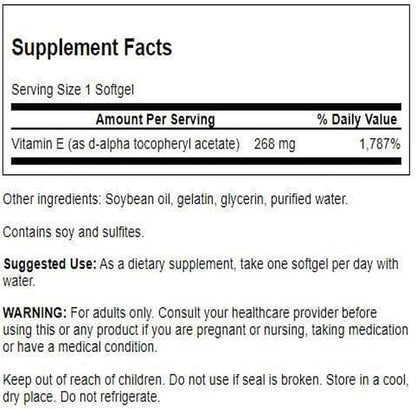 Supplement facts label for a vitamin E supplement with serving size, amount per serving, and other details.