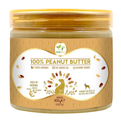 Pawfect Peanut Butter for Dogs & Puppies - 100% Natural Lickable Treat - No Added Sugar, Salt, Palm Oil - No Sweeteners, No Xylitol - Healthy Dog Treat (450g/15.87oz)