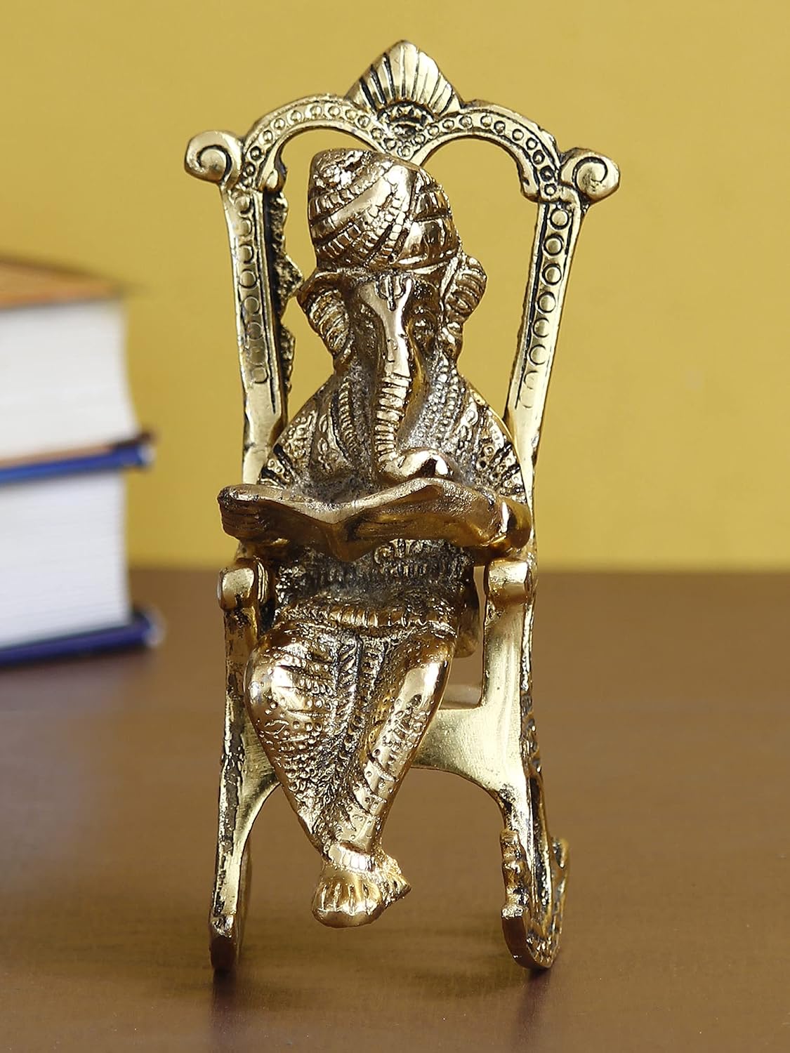 Golden Metal Lord Ganesha Idol Reading Book On Rocking Chair - Decorative Hindu God Statue for Home Decor - Gift for Diwali, Housewarming - Ideal for Living Room, Office, Study Areas