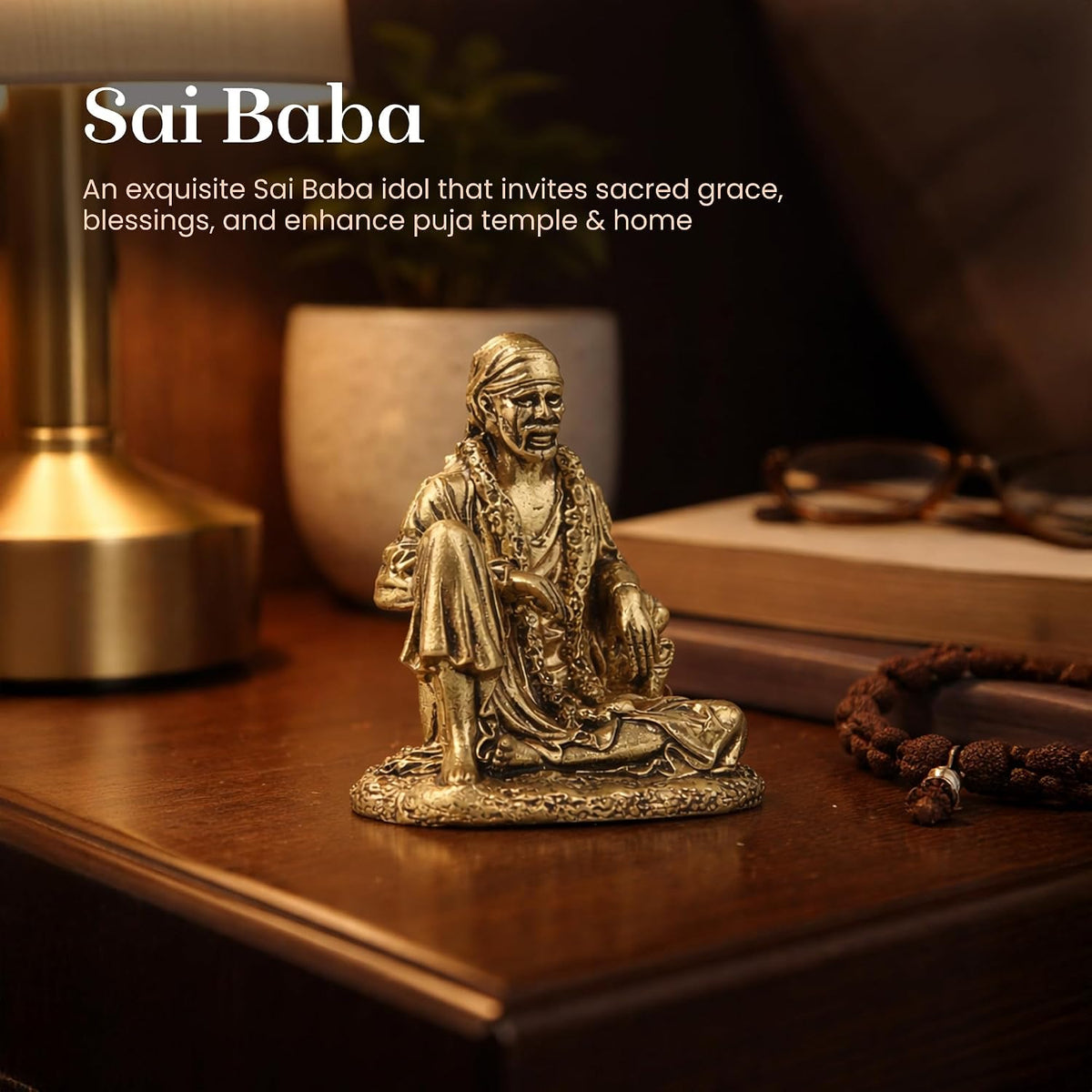 Saibaba Brass Idol for Pooja Room | Small Brass Saibaba Murti for Home Temple | Decorative God Statue (Design01: L4 x W4 x H5 cm)