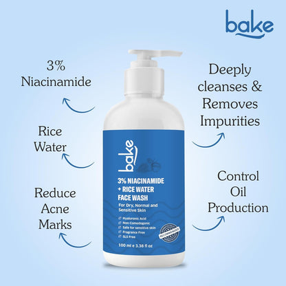 BAKE 3% Niacinamide Face Wash with Rice Water for Acne Marks, Scars & Dark Spots | Daily Anti Acne Face Wash | With Hyaluronic Acid - 100ml