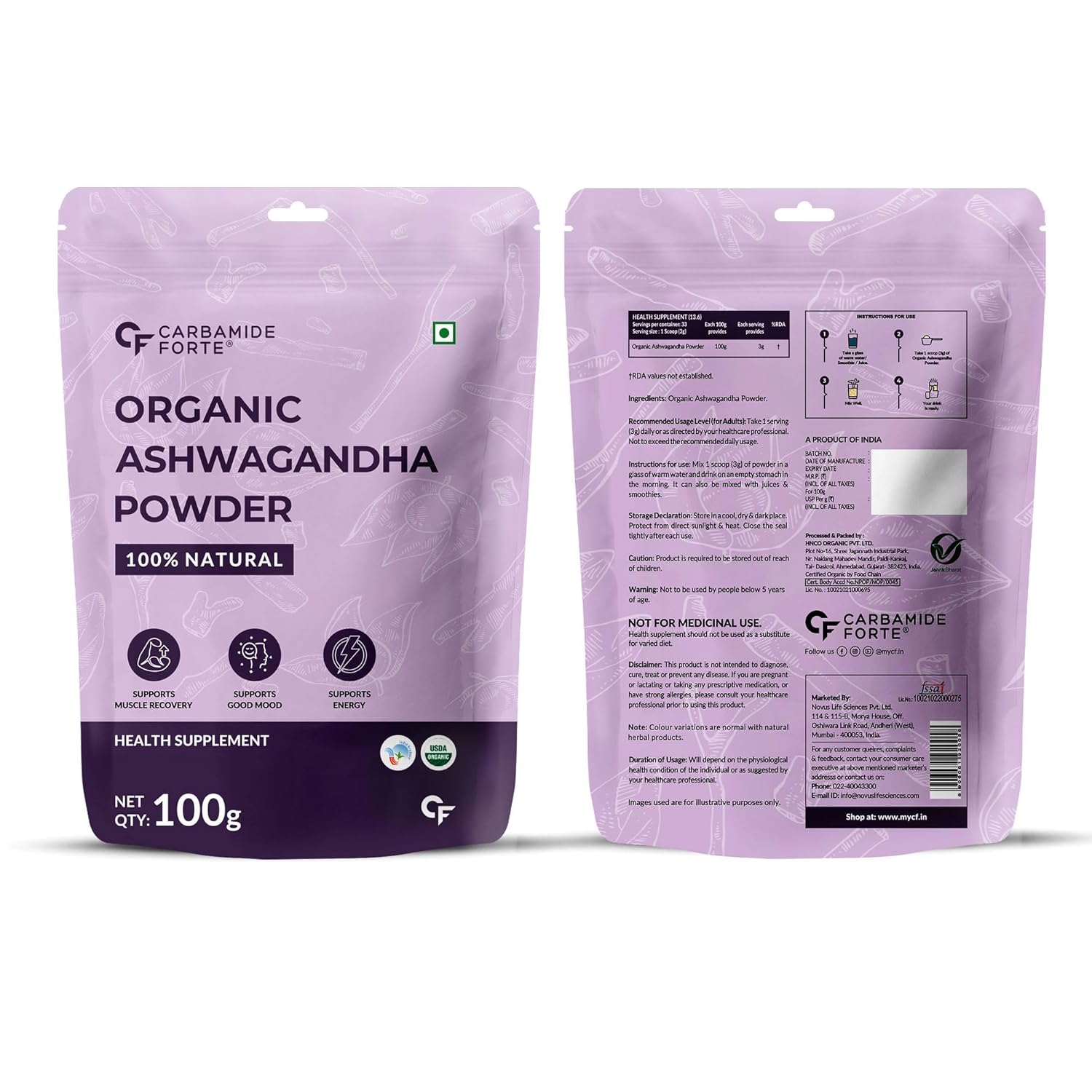 Purple package of Organic Ashwagandha Powder with front and back views on a white background
