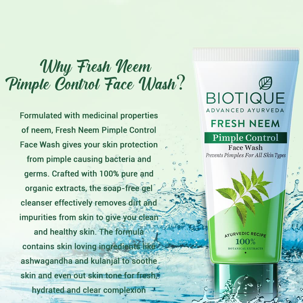 Biotique Fresh Neem Pimple Control Face Wash tube with product description text on a green and blue water background