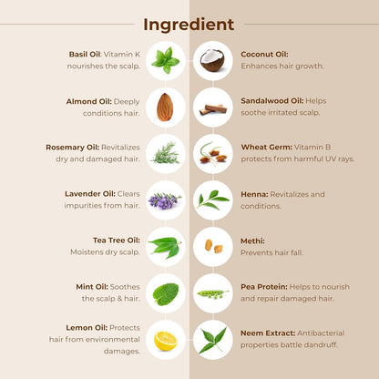 Chart of hair care ingredients with icons and descriptions on a beige background