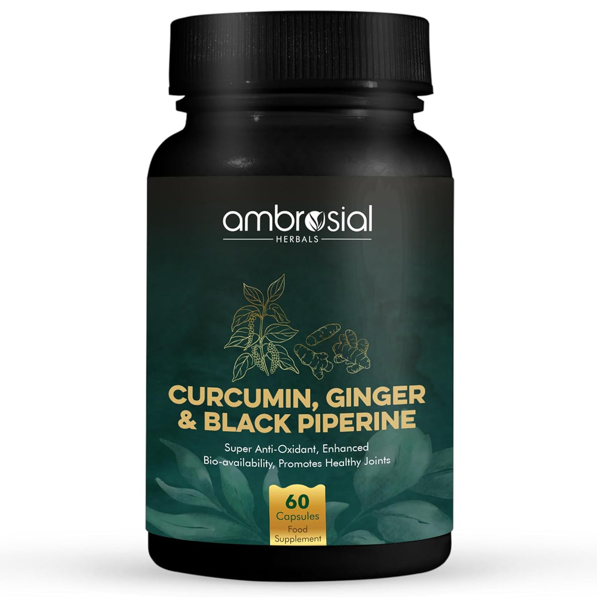 Supplement bottle labeled 'ambrosial' with 'Curcumin, Ginger & Black Piperine' on a white background