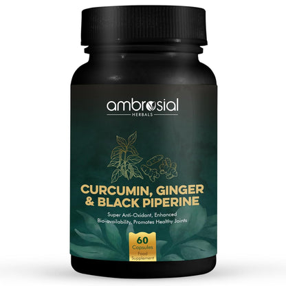Supplement bottle labeled 'ambrosial' with 'Curcumin, Ginger & Black Piperine' on a white background
