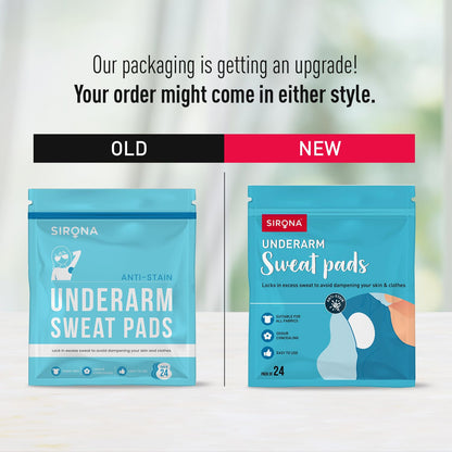 Comparison of Sirona underarm sweat pads packaging with text indicating an upgrade.