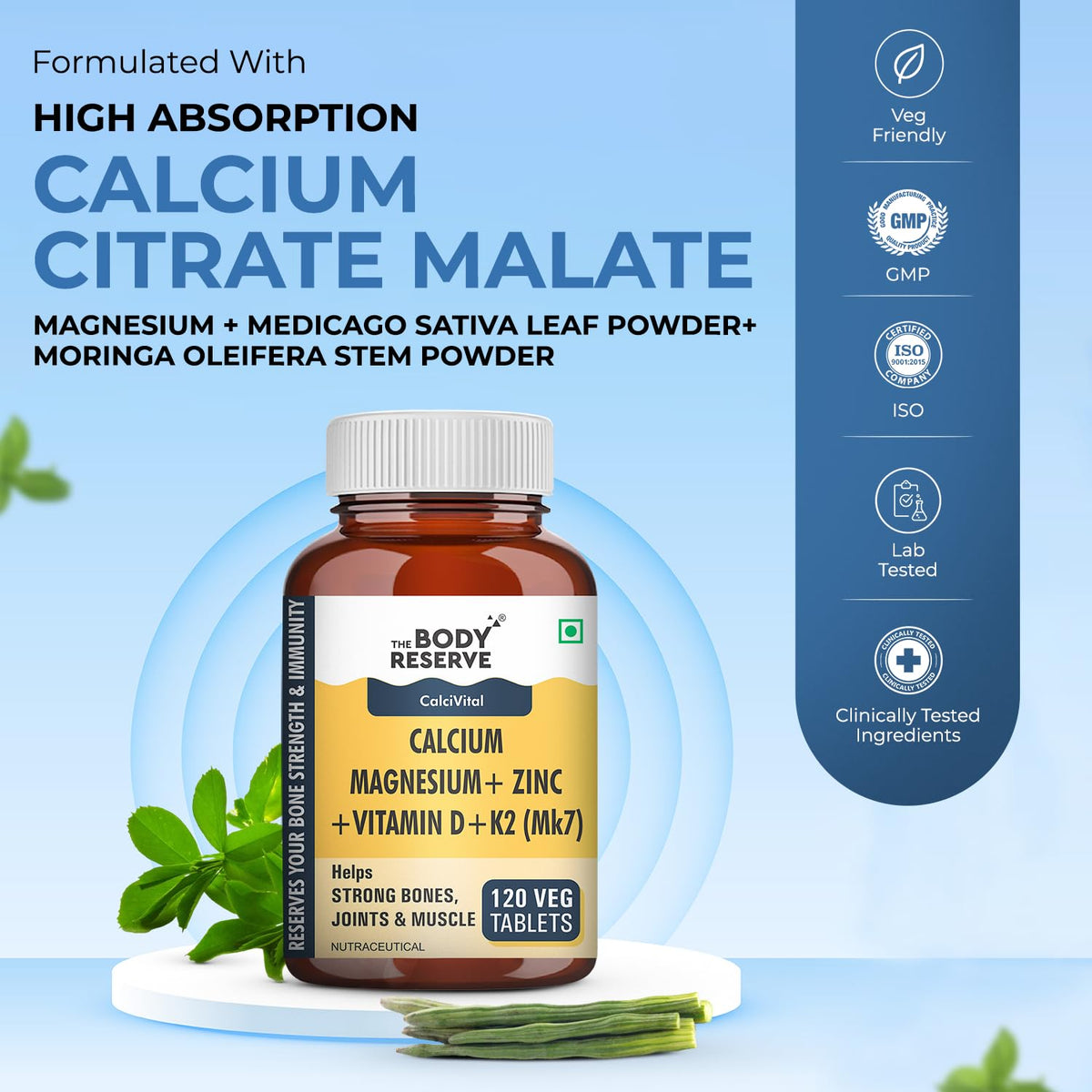 Supplement bottle labeled 'The Body Reserve' with ingredients on a blue background