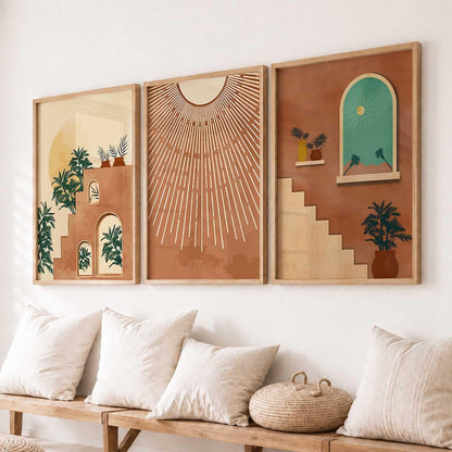 Boho Art Home Decoration Modern Paintings With Frame For Living Room Bed Room Hotel Wall Decor Digital Reprint Set of 3 (13X17 inch)