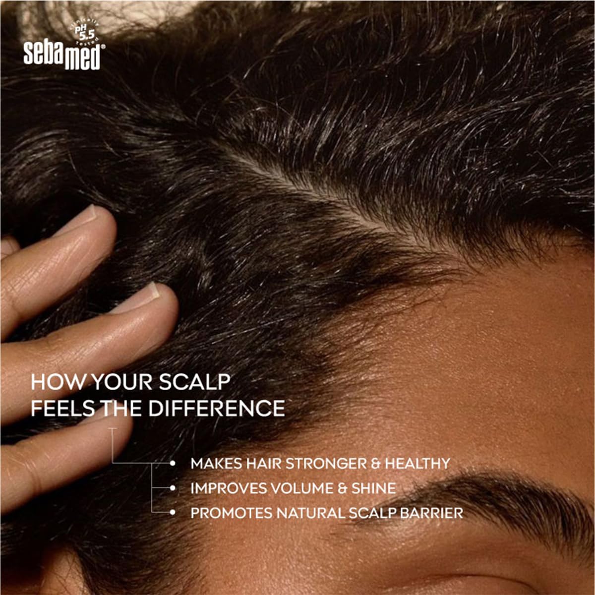 Close-up of a hand touching hair with Sebamed branding and text about scalp benefits.