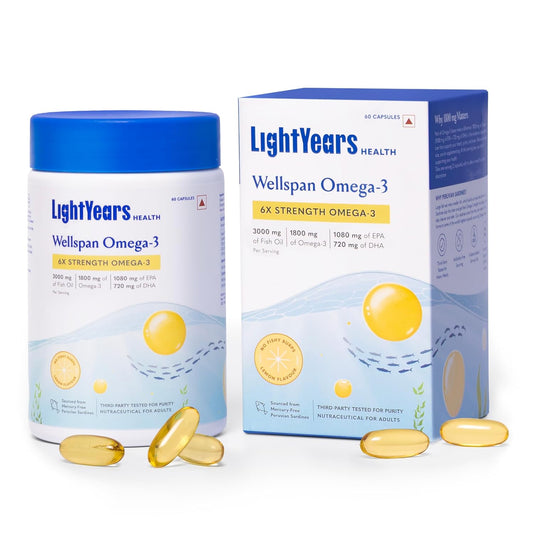 LightYears Wellspan Omega 3 Fish Oil Capsules | 6X Strength | 3000 mg Fish Oil with 1800 mg EPA DHA for Men & Women | Mercury-Free | Lemon Flavoured for No Fishy Burps | 3rd Party Tested | 60 Capsules