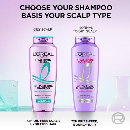 L'Oreal Paris Moisture Filling Shampoo, With Hyaluronic Acid, For Dry & Dehydrated Hair, Adds Shine & Bounce, Hyaluron Moisture 72H, 200ML.