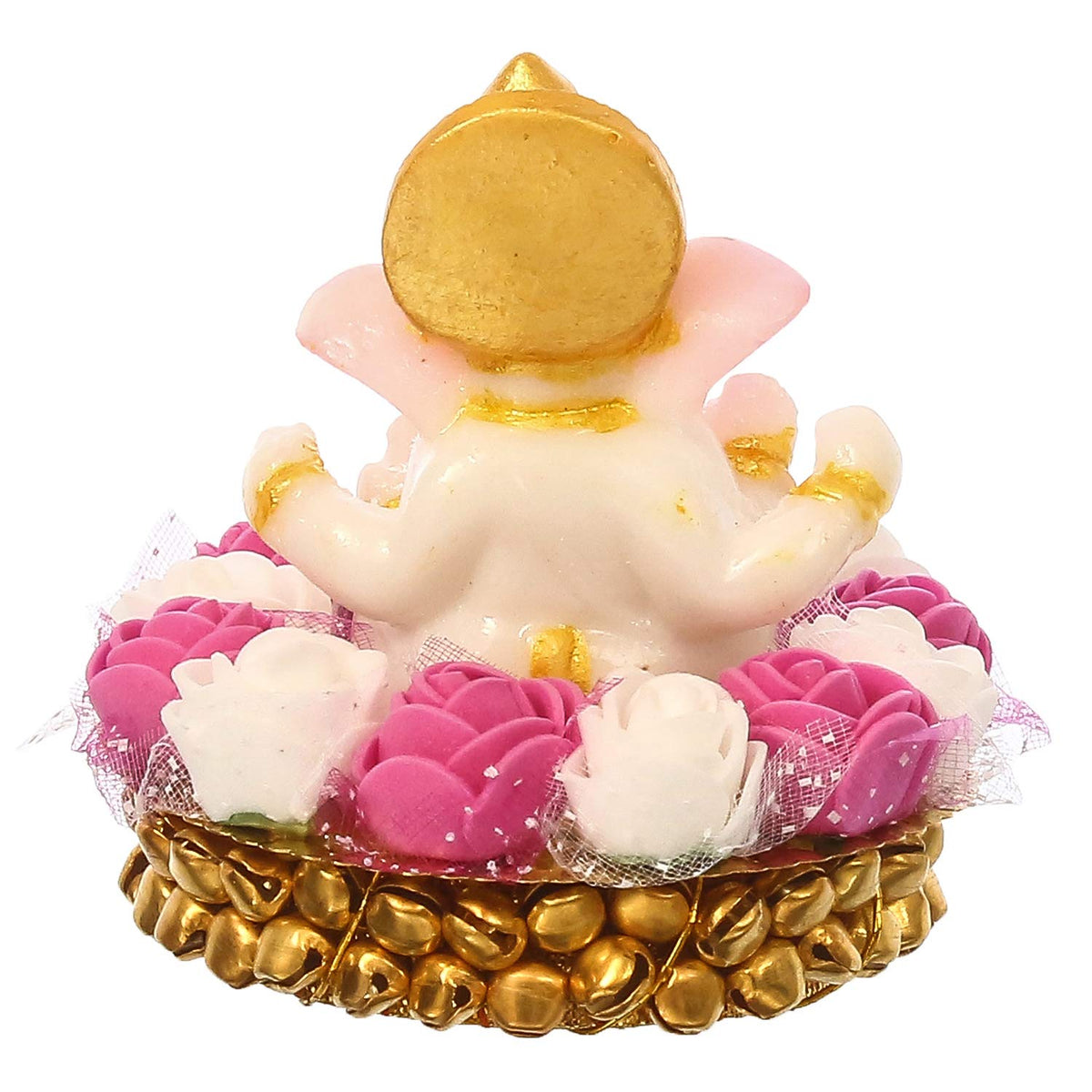 Lord Ganesha Idol on Decorative Handcrafted Plate with Pink and White Flowers