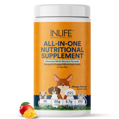 INLIFE Nutritional Meal Mix Powder for Dogs Cats and Pets, Protein Supplement with Advanced Multi-Nutrient Formula | Improves Growth and Development | Pet Supplement- 500g (Mango)