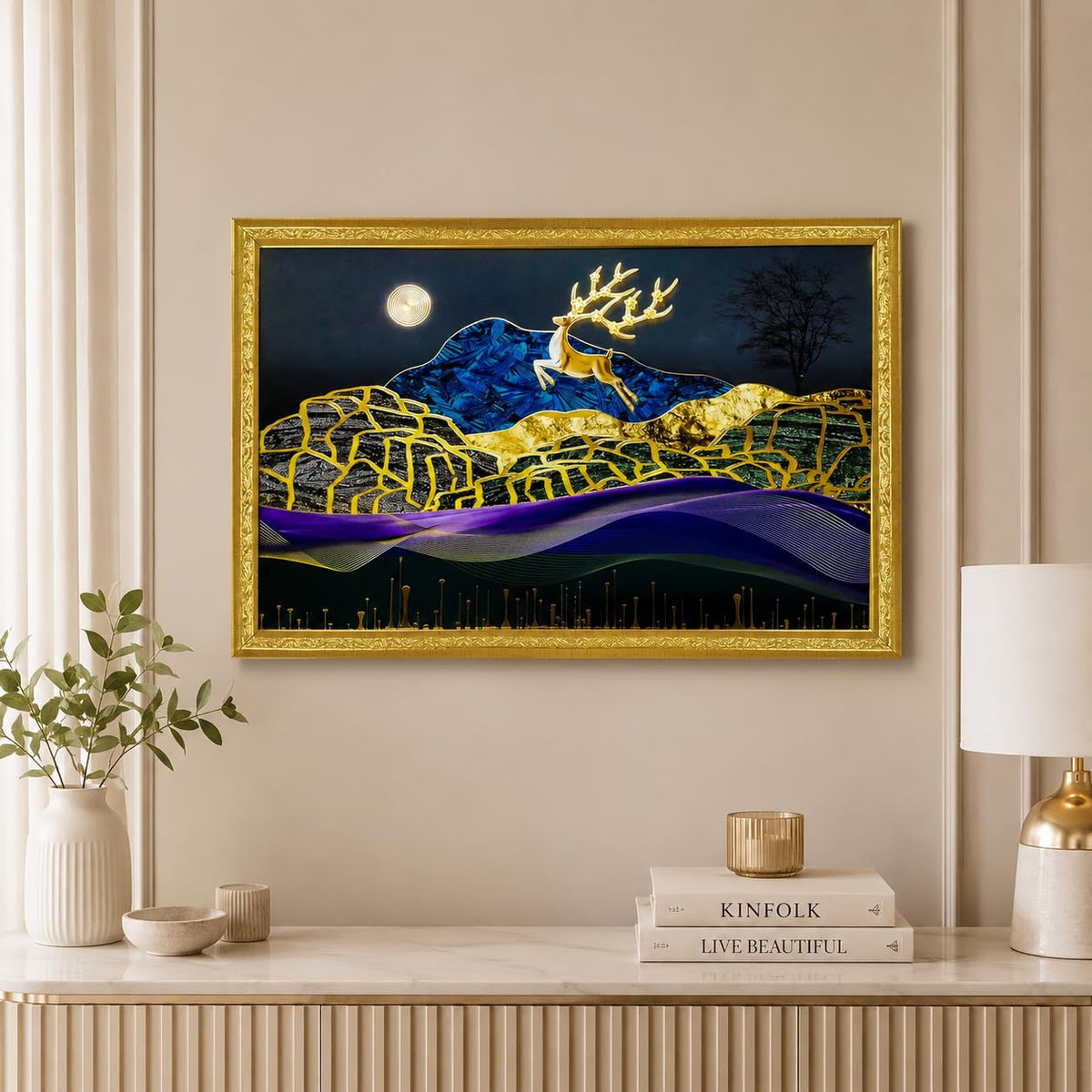 3D Golen Foil Modern Art Landscape with Joyful Lucky Reindeer | Framed Painting | Ready to Hang - (Multicolor, 14 Inch x 20 Inch)