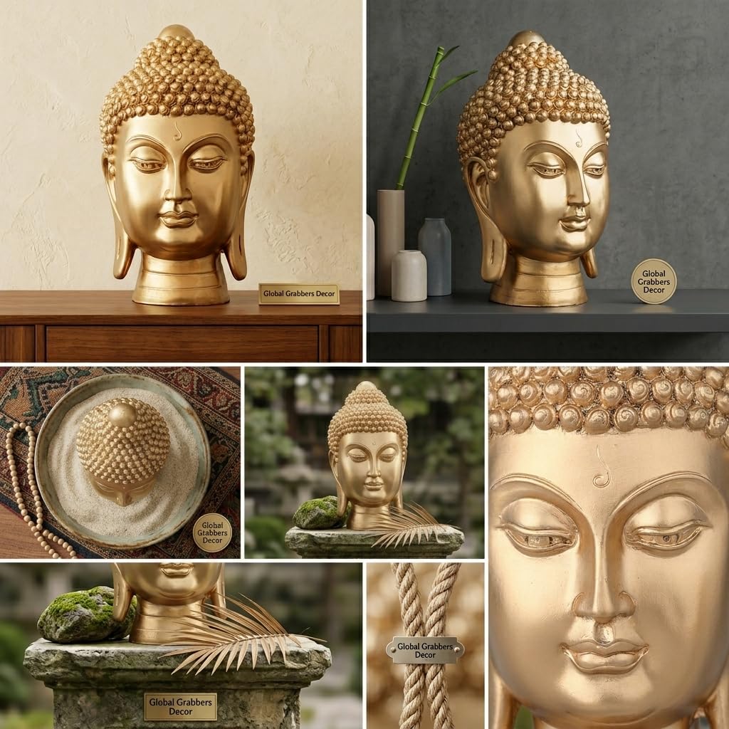 New face Head Buddha Statue showpiece Idol Home Decor Items for Living Room and Gifts (Golden 1)