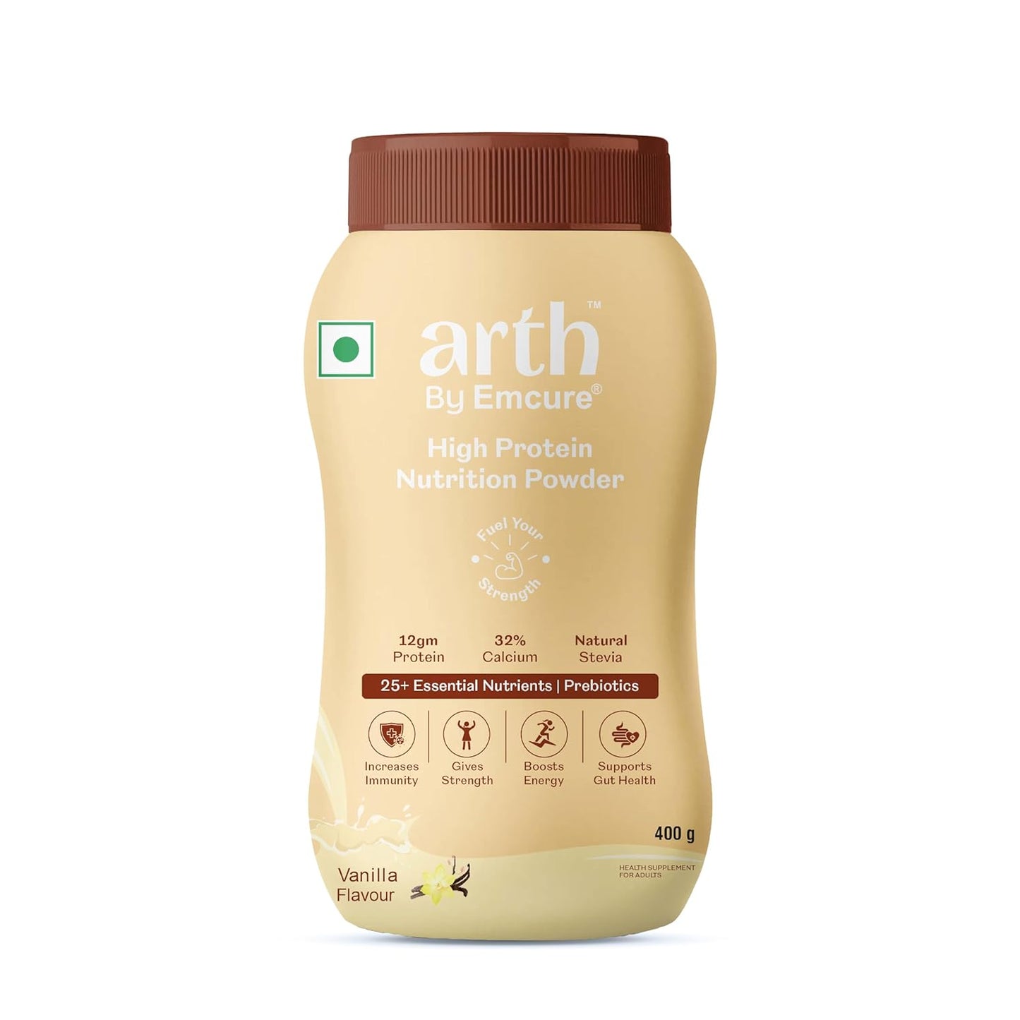 Arth High Protein Nutrition Powder | 12g Protein per Serving | 25+ Essential Nutrients with Prebiotic | No Added Sugar | Supports Energy, Strength & Immunity | 400gm (Vanilla Flavour)