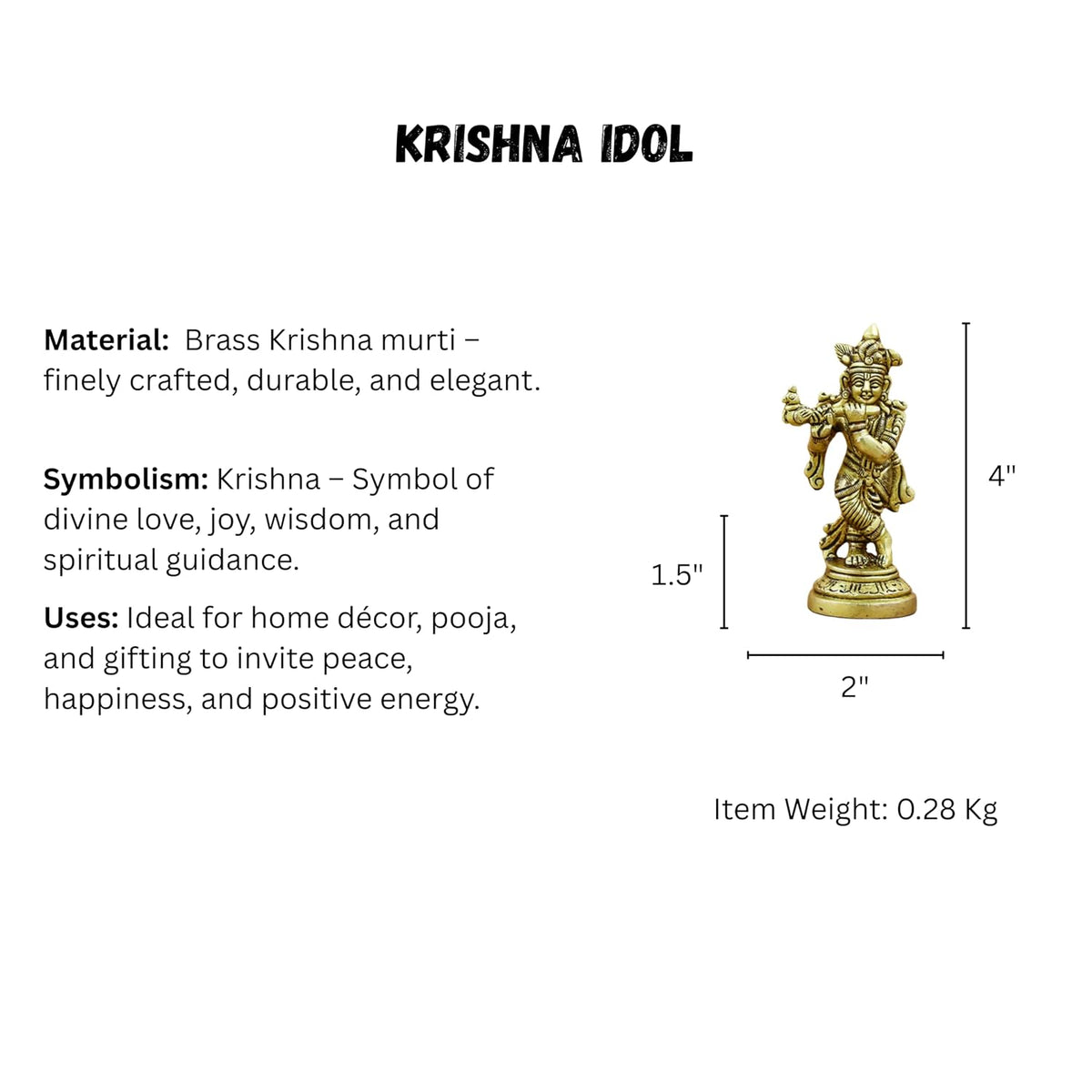 100% Pure Brass Krishna Idol for Home Dcor, Puja, and Spiritual Gifting | Ideal for Living Room, Office, or Personal Altar