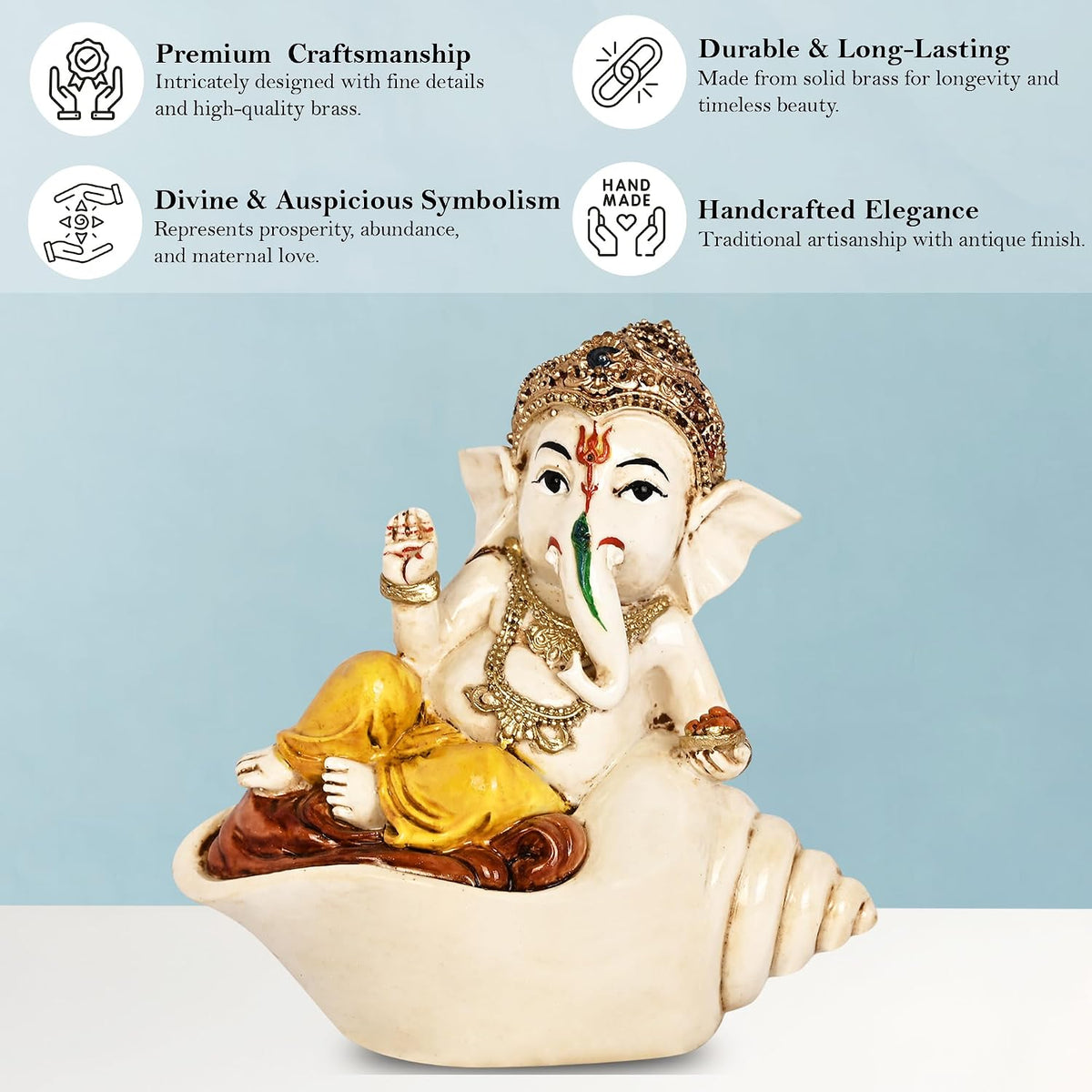 Lord Ganesh Idol 13 x 12 cm | Colourful Polyresin Statue of Ganesh Sitting on Shell | Handcrafted Decorative Figurine for Pooja Mandir, Home Temple, Showcase & Gifting
