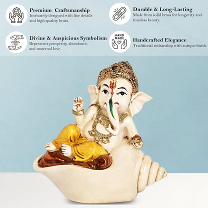Lord Ganesh Idol 13 x 12 cm | Colourful Polyresin Statue of Ganesh Sitting on Shell | Handcrafted Decorative Figurine for Pooja Mandir, Home Temple, Showcase & Gifting