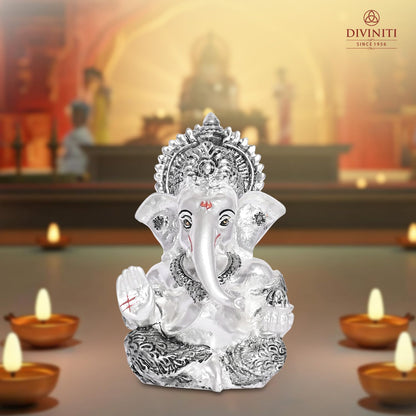 999 Silver Plated Ganesha/Vinayaka/Vinayagar Idol for Home Decor Puja/Gifting/Ganesh Statue for Office Desk Puja Room Figurine Home & Office Decor 3.5 inches (8.89 x 5.08 cm)(Silver Matte)