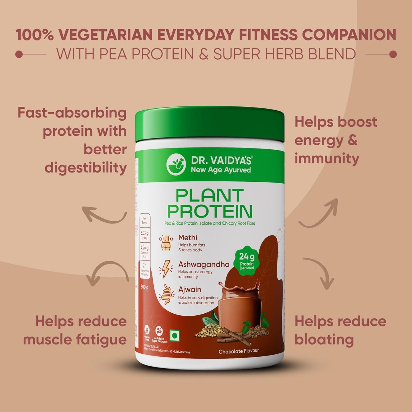 Dr. Vaidya’s Plant Protein Powder | Ayurvedic Pea Protein with Ashwagandha, Methi & Ajwain | 25g Protein per Serving | Muscle Gain, Energy & Weight Loss | 500g Chocolate Flavour