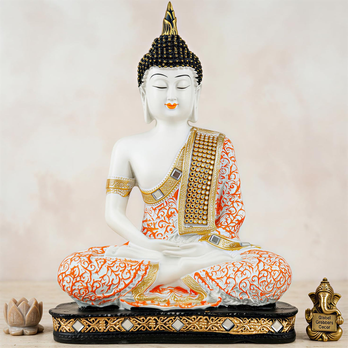 New Limited Edition 25 Centimetre Meditating Sitting Buddha Idol Statue showpiece Home Decor Decoration Items for Living Room and Gifts (Orange1 White)