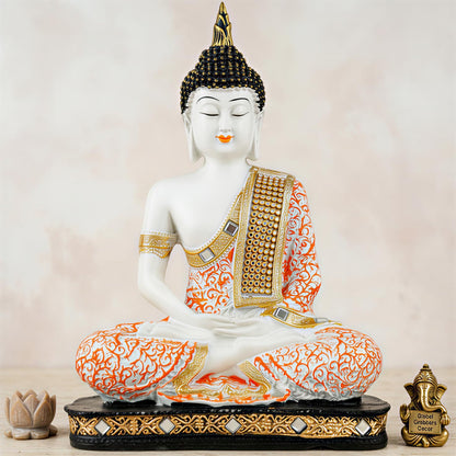 New Limited Edition 25 Centimetre Meditating Sitting Buddha Idol Statue showpiece Home Decor Decoration Items for Living Room and Gifts (Orange1 White)