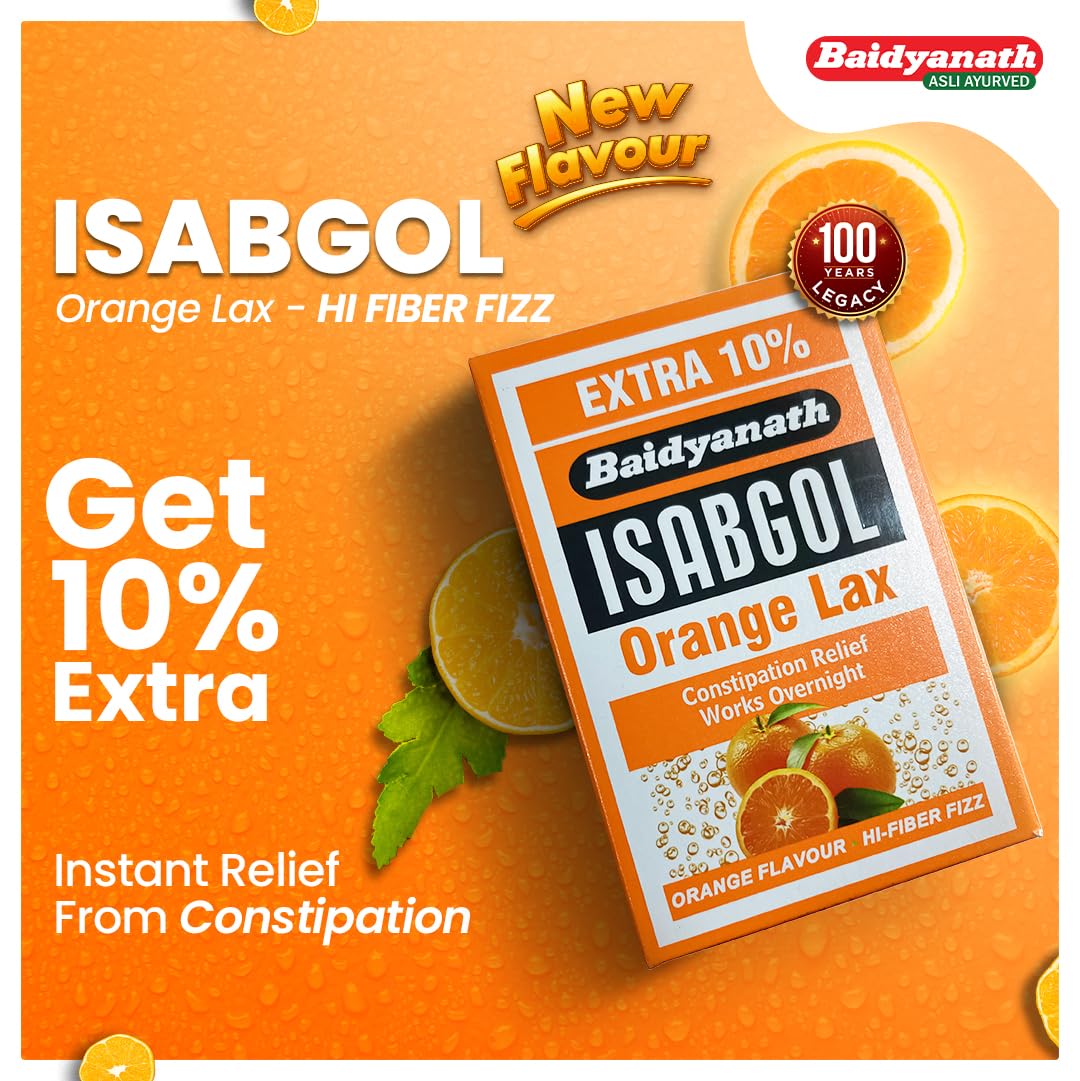 Baidyanath Isabgol Psyllium Husk Orange Lax Powder| Tasty Natural Fibre Laxative for Constipation Relief & Digestion | Effervescent, Gluten - 110 g