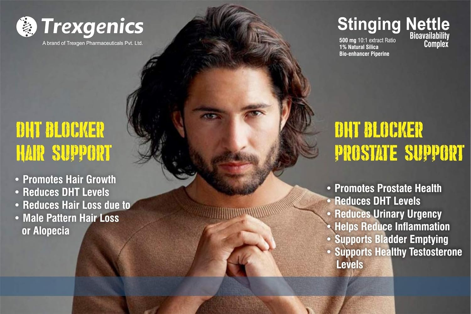 Advertisement for Trexegenics Stinging Nettle with a man in a brown sweater against a gray background.