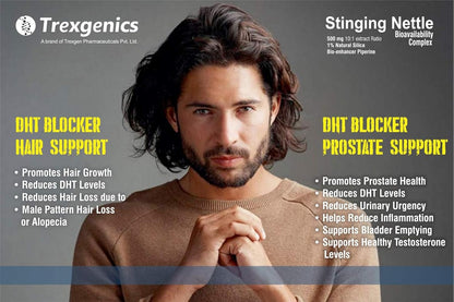 Advertisement for Trexegenics Stinging Nettle with a man in a brown sweater against a gray background.